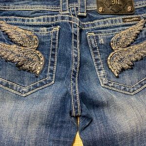 Miss Me Jeans, low rise, silver embroidered wings, boot cut, size 27